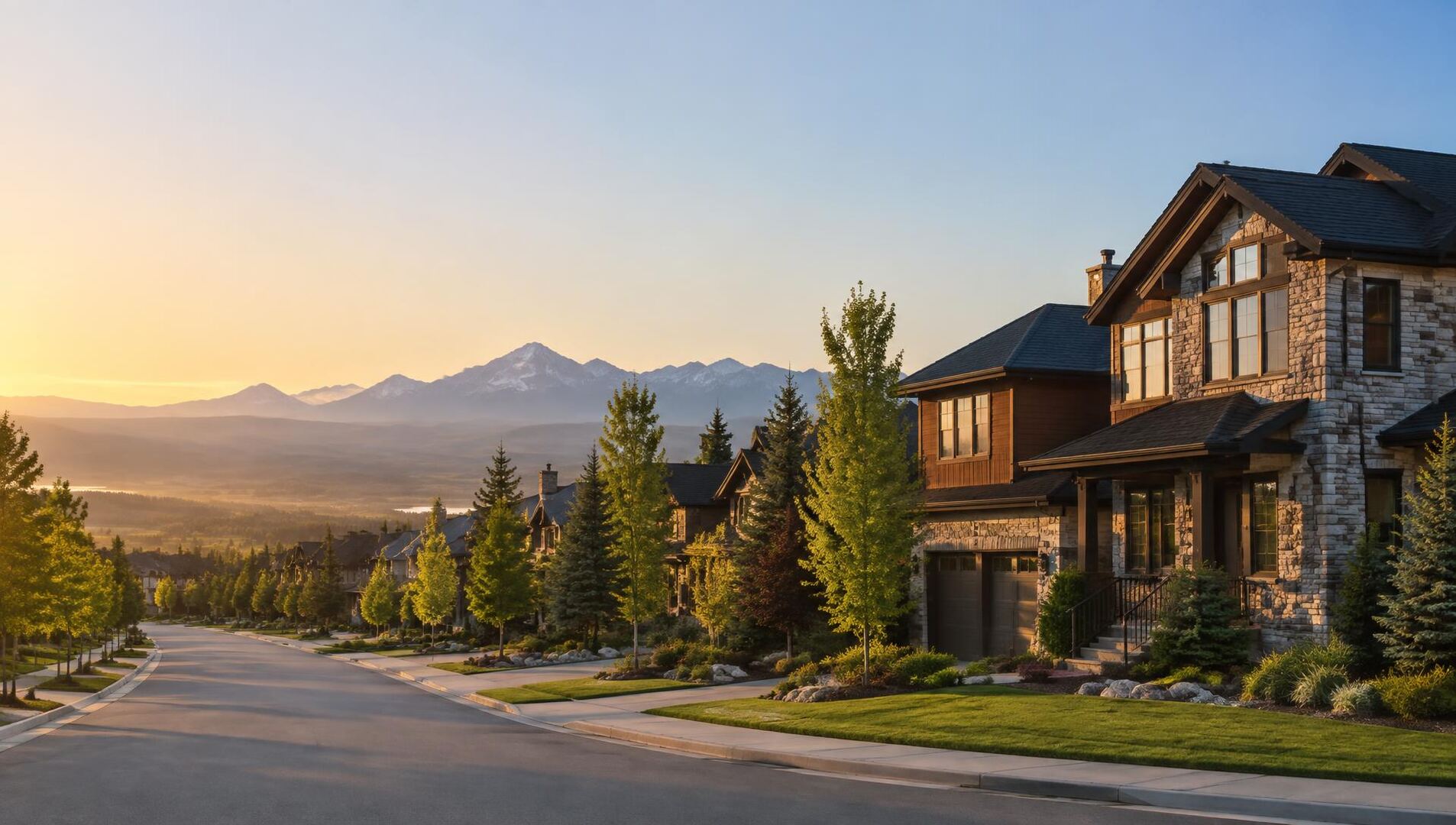Modern family homes on an Alberta residential street at golden hour